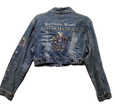 Chaqueta de Jean Vintage Años 90 Y2k Platino Felpa Bordada Blinged Talla XL Crop Trucker Foto 1 de 4