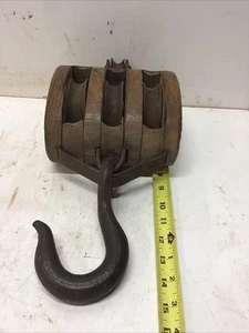 Antique Oak&Cast Iron Triple Pulley&Hook Boston&Lockport? Anchor Logo 6 COM 15” - Picture 1 of 11