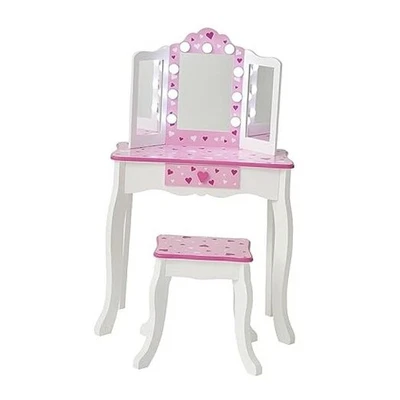  Juego de tocador para niñas con luces LED, tocador de juego mediano triple pliegue blanco/rosa Foto 1 de 4