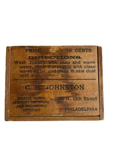 ANTIQUE C.H Johnston Jewelry Philadelphia Sliding Lid WOOD BOX With Saw Dust - Picture 1 of 9