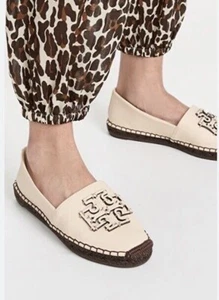 Tory Burch Ines Leather Espadrille Slip On Flat NEW Cream Brown Logo Size 10 NIB - Picture 1 of 24