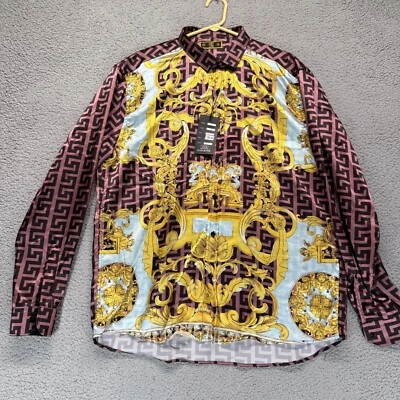 Moda Color Baroque Greek Key Shirt Mens 3XL Med Pink Gold Black  Satin NWT - Image 1 of 4