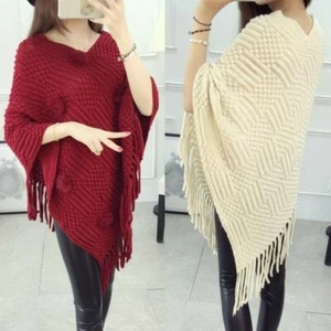 Lady Poncho Wrap Cape Shawl Knitted Faux Fur Pom Pom Batwing Sweater Top Tassel - Picture 1 of 17