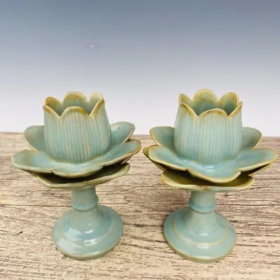 7.7 Antique Song Dynasty Porcelain Ru Kiln Pair Cyan Ice Crack Lotus Candlestick • 862.47$