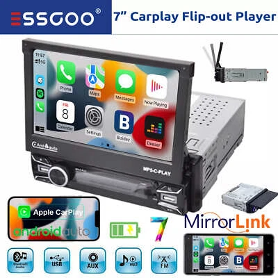 7" Flip Out Screen Single 1 DIN Car Stereo Radio Apple CarPlay GPS FM BT USB MP5 - Image 1 of 4