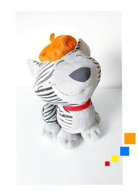 Peluche/Doudou Grand Chat Gris Tigré Rouge Béret Orange 35cm Marque Carré Blanc - Photo 1/4