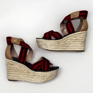 Women’s Tommy Hilfiger Red Navy Open Toe Espadrille Wedge Sandals Size 8 - Picture 1 of 10