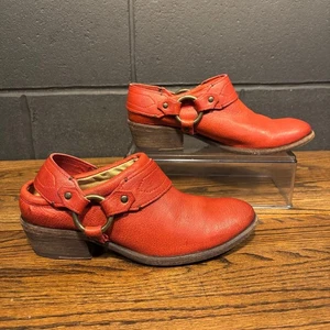 FRYE Carson Western Bootie Mules Red Leather Harness Shoes 70160 Women's 7 B - Picture 1 of 12