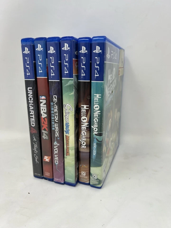 6 Game Lot PS4 UNCHARTED 4 Hello Neighbor Geometry Wars Scibblenauts NBA 2K14 - Image 1 of 2