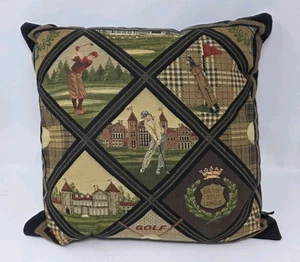 Golf Clubs Scenic Needlepoint VTG Throw Pillow Large 16" Tapestry Borgata - Picture 1 of 9