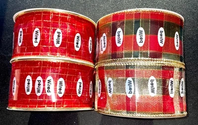 LOT of 4 ROLLS RED BERWICK WIRED GOLD EDGE RIBBON for CHRISTMAS WREATHS GARLANDS - Image 1 of 4