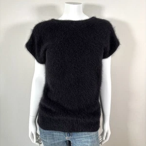 Suéter Pullover 70% Angora Fuzzy Vintage LADYBUG Negro Espalda en V 32 en Busto - Imagen 1 de 10