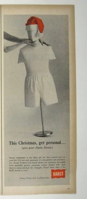 Hanes 圣诞广告 20 世纪 60 年代内衣 T 恤 MOD 圣诞帽 AD — 第 1/2 张图片