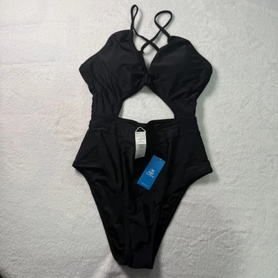Traje de baño CUPSHE negro de una pieza cintura alta recorte entrecruzado halter talla M Foto 1 de 4