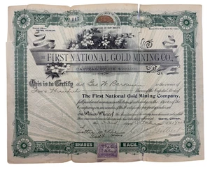 The First National Gold Mining Company Capital Stock Certificado Antiguo 1900 - Imagen 1 de 2