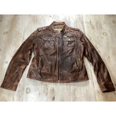 Ruff Hewn Well Worn Brown Leather Biker Jacket - Image 1 of 4