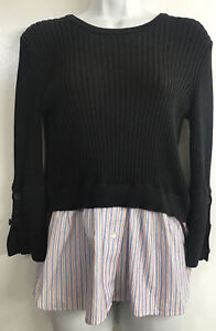 Kenzo Top Black Sweater Knit Blue Stripe Attached Shirt Under Size S