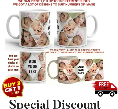 PURE WHITE COFFEE MUG PERSONALISED MUG COLLAGE PHOTO IMAGE PICTURES ADD ANY TEXT GIFT TEA COFFEE CUP