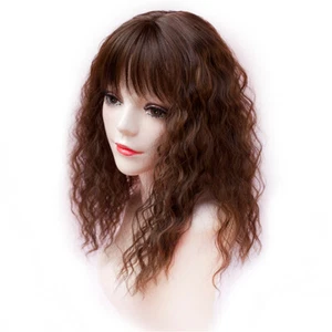18" Women Brown Kinky Curly Synthetic Hair Topper Hair Toupee With Flat Bangs - Picture 1 of 12