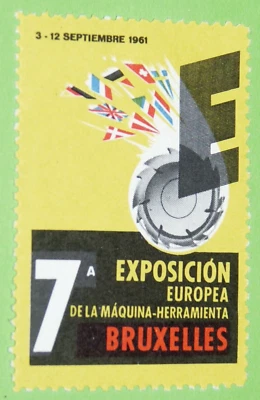 CINDERELLA TIMBRE 1961 BRUXELLES BELGIQUE 7e EXPOSITION MACHINE-OUTIL - Photo 1/2