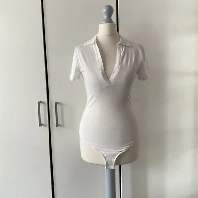 Free People Bodysuit Short Sleeve Collared Serve Size S Small White V Neck - Image 1 of 4