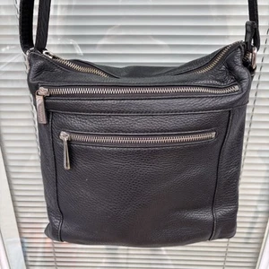 Danier Genuine Leather Crossbody Bag Black Silver Hardware 3 Interior Pockets - Picture 1 of 9