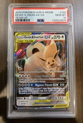 PSA 10 GEM MINT Eevee & Snorlax GX 120/181 Team Up Sun & Moon Pokemon LOW Pop - Image 1 of 4