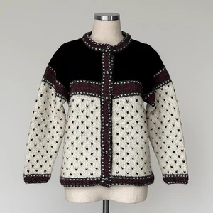 Alpaca Imports Strickjacke Pullover Damen klein schwarz elfenbein schwerer Strick Fair Isle - Bild 1 von 9