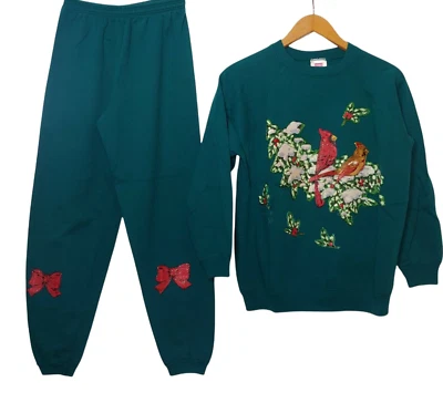 Traje de sudor de Navidad Cardinal Bird Holly Berry Sparkle Hanes M y XL PLS LEER Foto 1 de 4