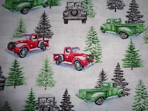 Handmade Cotton crib sheet / Christmas Trees/ Old Green/Red Trucks/Snow - Picture 1 of 2