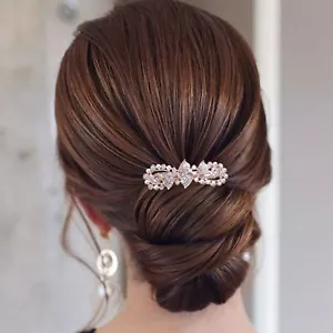Pearl Wedding Hair Clip Barrette Gold Crystal Bridal Headpieces Rhinestone Pe... - Picture 1 of 7