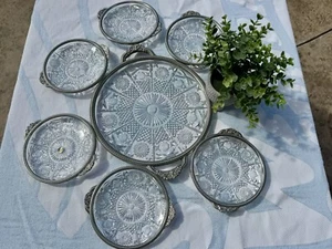 Vintage Set Of 7 RCR Italian Lead Crystal Serving Set W/Ornate Metal Handles - Picture 1 of 24