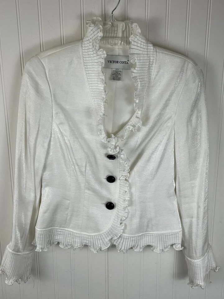 Chaqueta Blazer Vintage VICTOR COSTA Mujer Blanca Borde con Volantes Talla 4 Foto 1 de 4