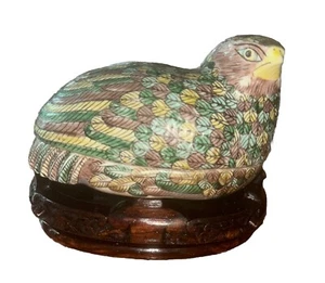 Antique Chinese Famille Verte Porcelain Quail Box & Wooden Ornate Stand - Picture 1 of 15
