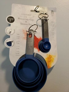 8 pc stackable measuring cups and spoons set  New blue kitchen baking cooking - Picture 1 of 2