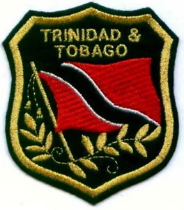 50 Stck. TRINIDAD Flagge im Schild bestickt Aufnäher 3,25"x2,75" zum Aufbügeln - Bild 1 von 1