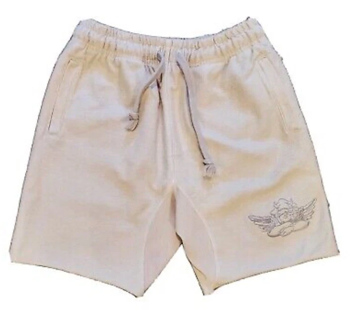 Shorts de moletom masculino deitado de dentro para fora bege algodão pesado logotipo anjo terry francês-S - Imagem 1 de 4