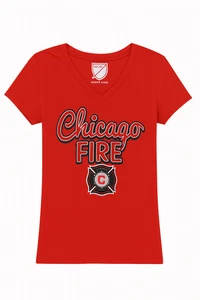 MLS Chicago Fire FC Girl's Soccer Red Name Logo V-Neck T-Shirt - Picture 1 of 3