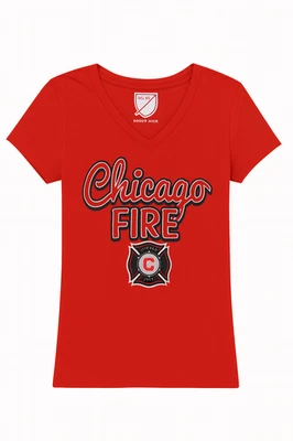 MLS Chicago Fire FC Girl's Soccer Red Name Logo V-Neck T-Shirt - Image 1 of 3