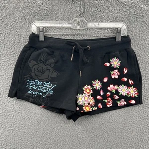 Ed Hardy Shorts Damen klein schwarz Blumen Tattoo Print Kordelzug Streetwear - Bild 1 von 14
