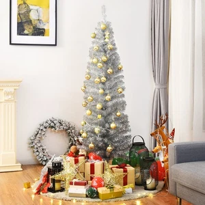 6FT Tinsel Tree Unlit Slim Pencil Christmas Tree w/Metal Stand Decoration Silver - Picture 1 of 7
