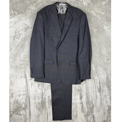 Calça jaqueta masculina agulha e ponto 46R azul carvão xadrez mistura de lã 2 peças - Imagem 1 de 4
