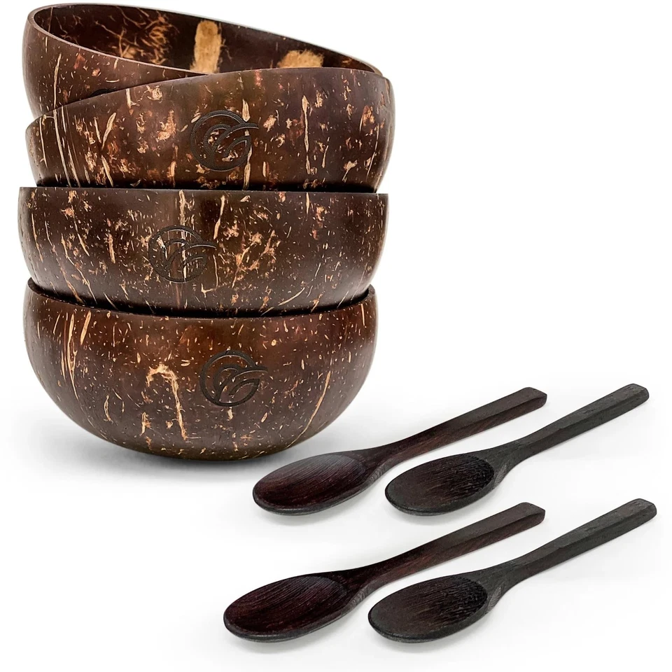 Coconut Bowls and Wooden Spoons Set of 4 – Natural Hand-Crafted Vegan-Friendly
