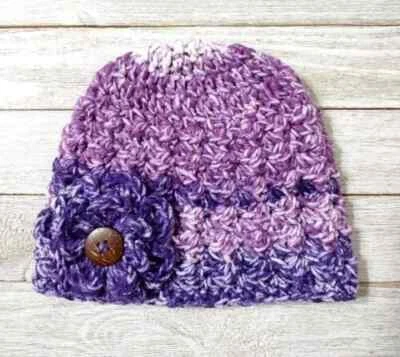 Hecho a mano ganchillo bebé flor sombrero gorro recién nacido 0-3 meses púrpura chi nuevo Foto 1 de 2