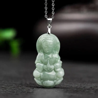 Collar Colgante Grado A Jadeíta Natural Jade Verde Tallado a Mano Bendición Kwan Yin Foto 1 de 4