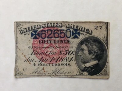 1877  $50 US Consol Quarterly Interest Coupon - Payable April 1 1884 cd - Image 1 of 2