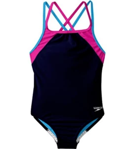 Speedo L9157 Big Girls Navy Cross Back Splice One Piece Swimsuit Size 10 - Picture 1 of 3