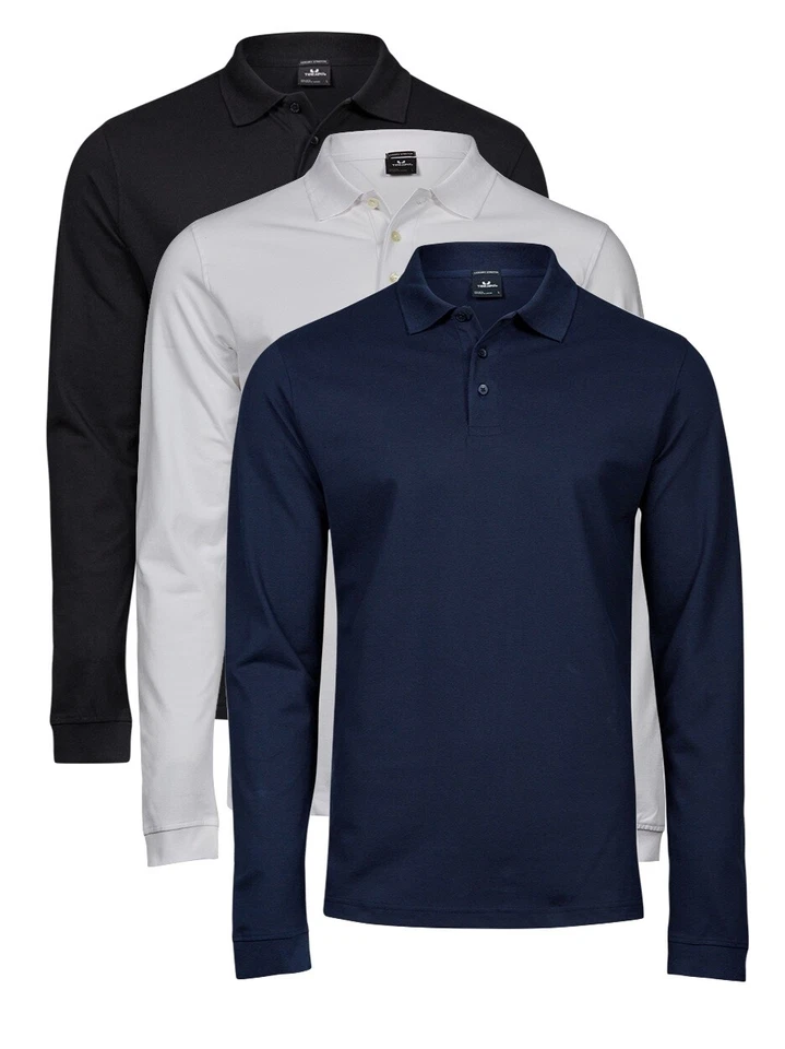 Tee Jays Lusso Elasticizzato Cotone Nero Blu O Bianco Manica Lunga Polo S-3XL - Immagine 1 di 1