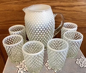 Fenton art glass French opalescent hobnail tankard pitcher & 6 tumblers - Picture 1 of 3