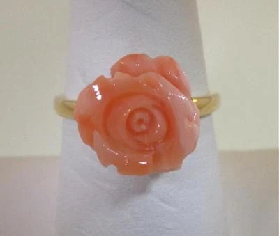 ANILLO FLOR ROSA TALLADO CORAL ROSA NATURAL GENUINO ORO AMARILLO 14K SÓLIDO 7.5 #3 Foto 1 de 4